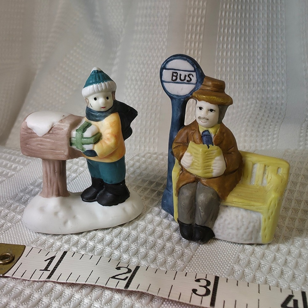 Vintage Hand Painted Christmas Village Figurines Set Mailbox Boy Bus Stop Man